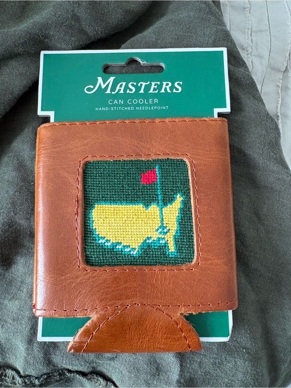 Masters Brown Leather Can Cooler with Green Needlepoint and Yellow Map